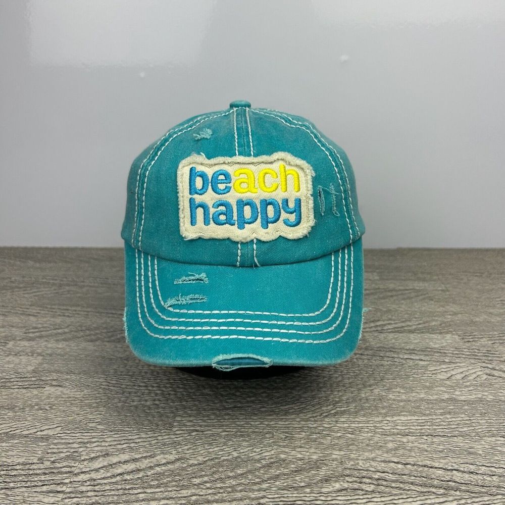 Y2K Be Happy Hat Cap Strap Back Blue Canvas‎ Beach Happy Vacation